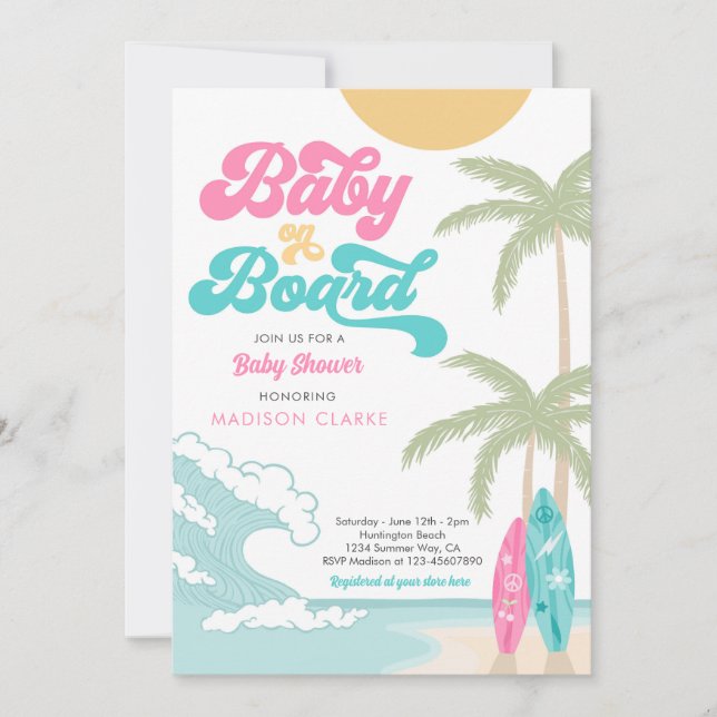 Baby an Bord Surfboard Beach Retro Baby Dusche Einladung (Vorderseite)