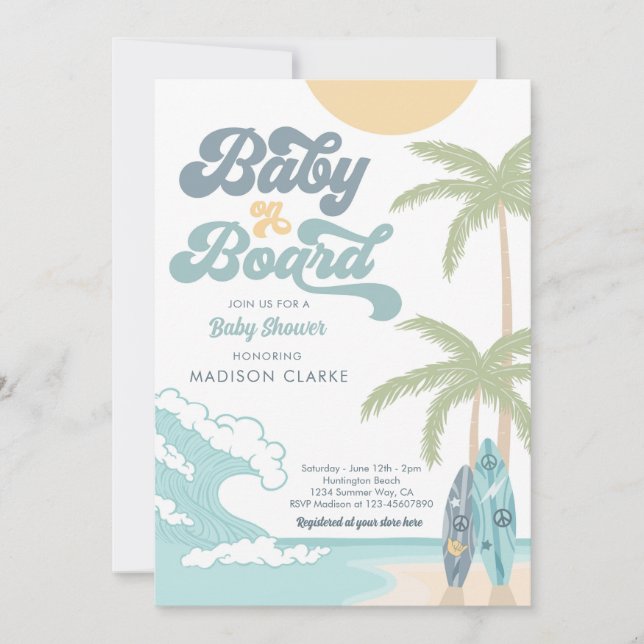 Baby an Bord Surfboard Beach Retro Baby Dusche Einladung (Vorderseite)