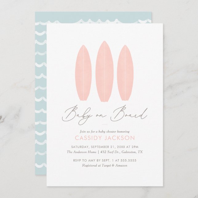 Baby an Bord Surfboard Girl Baby Dusche Einladung (Vorne/Hinten)