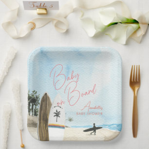 Baby an Bord Surfboard Strand Rosa Babyparty Pappteller