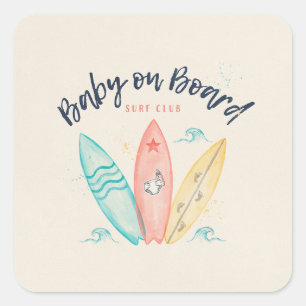 Baby an Bord Surfbrett Baby Shower Quadratischer Aufkleber