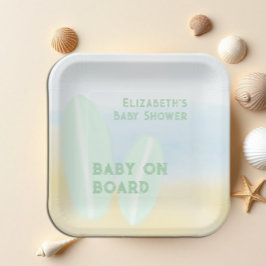 Baby an Bord Surfbrett Beach Wasserfarbe Babydusch Pappteller