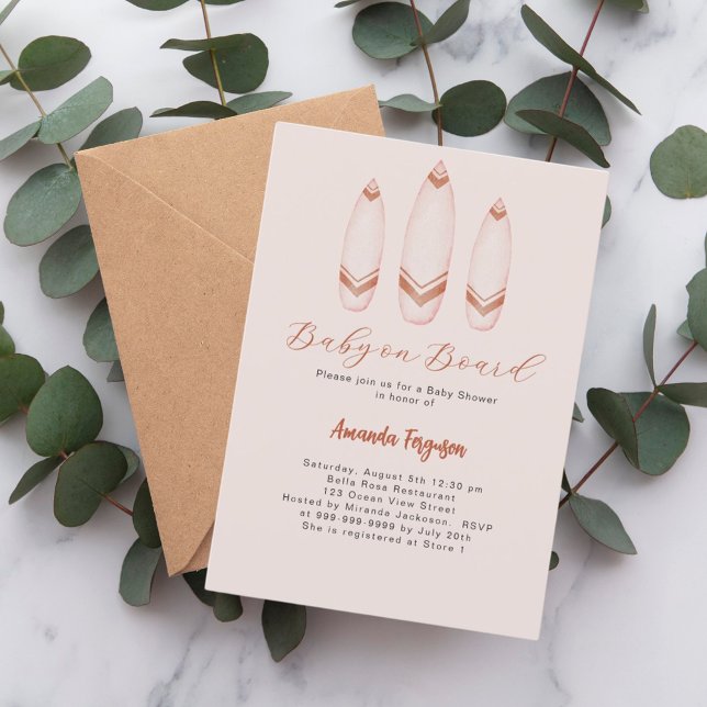 Baby an Bord Surfbrett beige braun Babydusche Einladung (Von Creator hochgeladen)