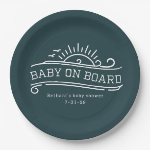 Baby an Bord Surfbrett Slate Blue Baby Dusche Pappteller