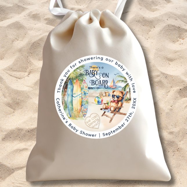 Baby an Bord Surfbrett Teddy Bear Baby Dusche Runder Aufkleber (Von Creator hochgeladen)