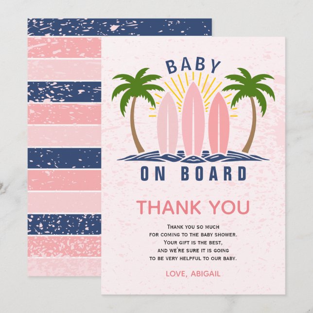 Baby an Bord Surfen Spritzen Rosa Mädchen Dusche Dankeskarte (Vorne/Hinten)