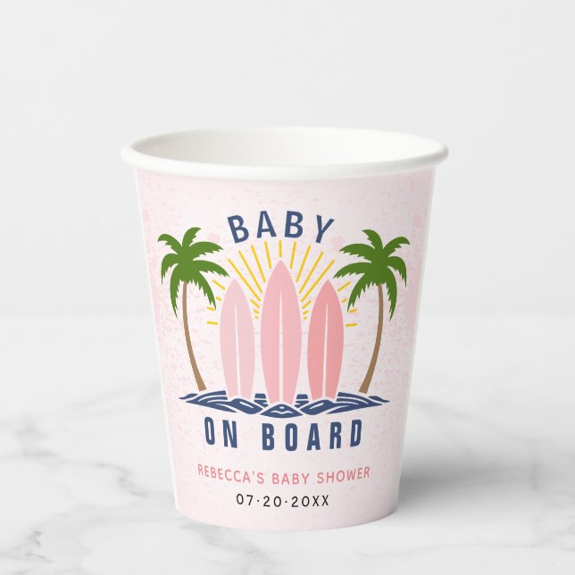 Baby an Bord Surfen Spritzen Rosa Mädchen Dusche Pappbecher (Vorderseite)