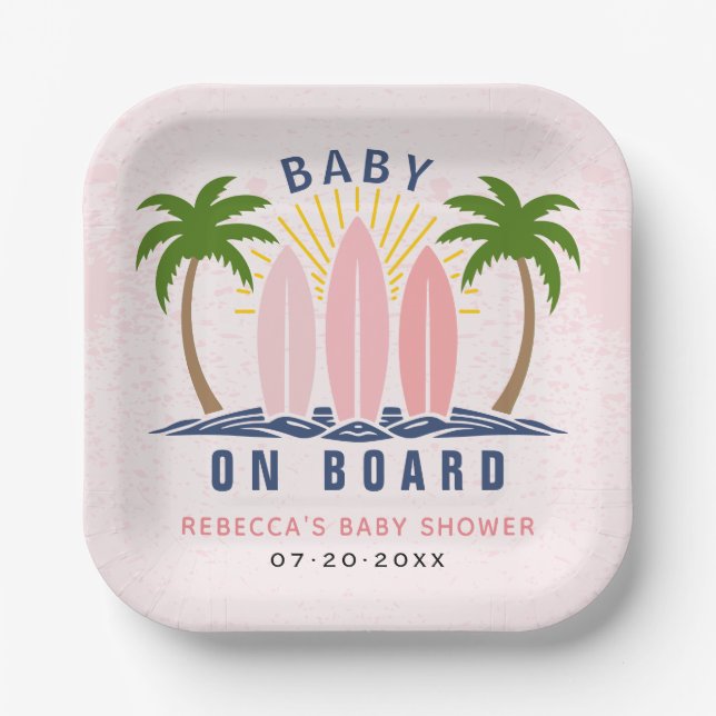 Baby an Bord Surfen Spritzen Rosa Mädchen Dusche Pappteller (Vorderseite)