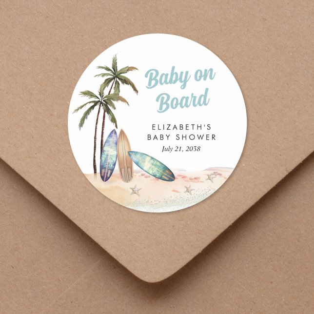 Baby an Bord Surfing Beach Baby Dusche Runder Aufkleber (Von Creator hochgeladen)