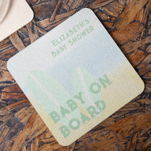 Baby An Bord Surft am Strand Wasserfarbe Babyparty Rechteckiger Pappuntersetzer