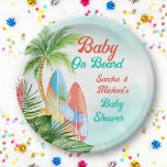 Baby an Bord Tropical Surfbaby Dusche nach Maß Pappteller<br><div class="desc">Baby an Bord tropisches Surfen Strand Babydusche personalisiert Party Teller. Palmen,  Surfbretter,  tropische Pflanze,  Retro-Schriftart für den Strand,  Surfen,  Babydusche mit tropischem Thema.</div>