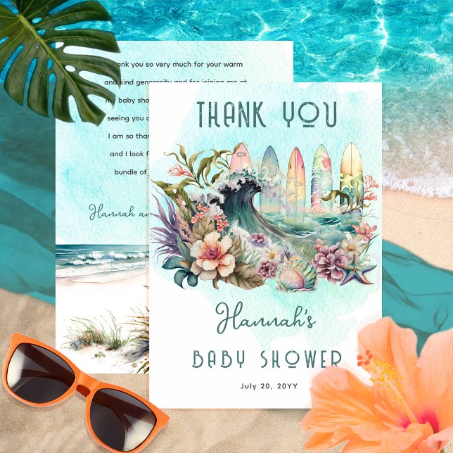 Baby an Bord Tropical Surfing Floral Baby Shower Dankeskarte (Von Creator hochgeladen)