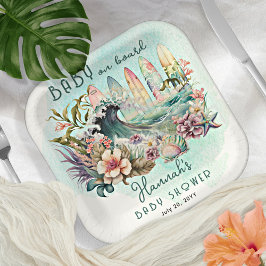 Baby an Bord Tropical Surfing Floral Baby Shower Pappteller