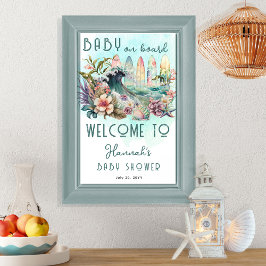 Baby an Bord Tropical Surfing Floral Baby Shower Poster