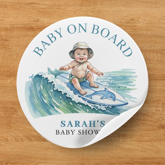Baby an Bord Wasserfarbe Surfbabydusche Runder Aufkleber (Baby on Board Watercolor Surfing Baby Shower Classic Round Sticker
)