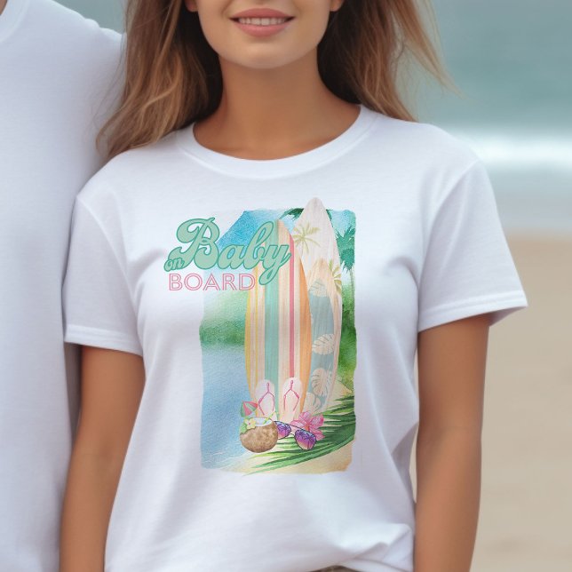 Baby an Bord Wasserfarbe Surfstrand T-Shirt (Baby on Board pregnancy announcement t-shirt from my Baby on Board baby shower collection)