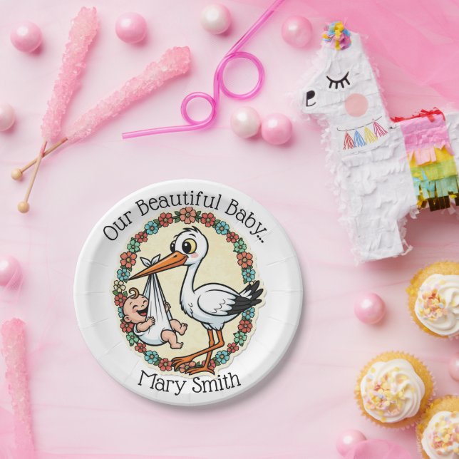 Baby and Stork Design Vintage Style Pappteller (Party)