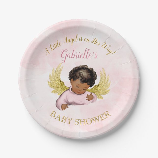 Baby Angel Girl Pink Gold African American Pappteller (Vorderseite)