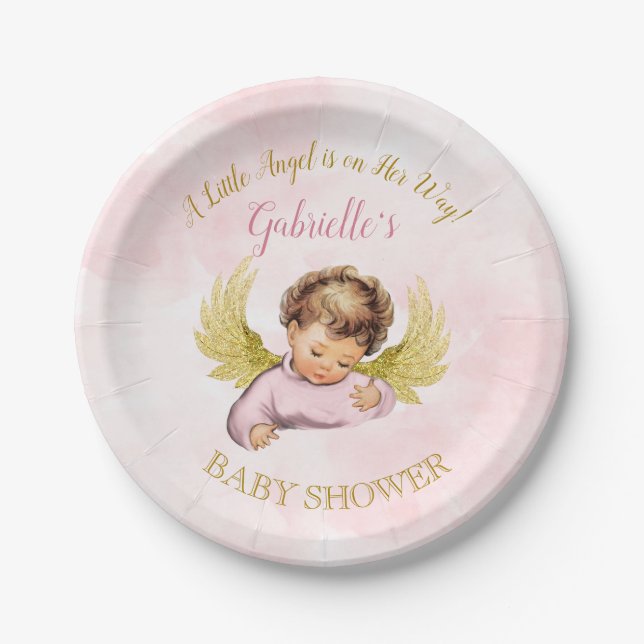Baby Angel Girl Pink Gold Kleiner Engel auf ihrem  Pappteller (Vorderseite)