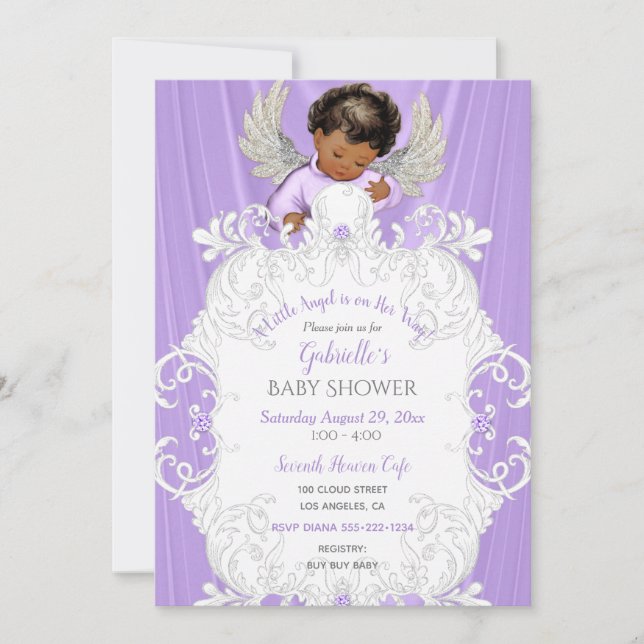 Baby Angel Lavender Silver Dark Skin Tone Einladung (Vorderseite)