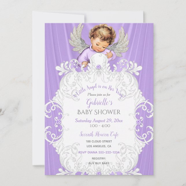 Baby Angel Lavender Silver Light Skin Tone Einladung (Vorderseite)