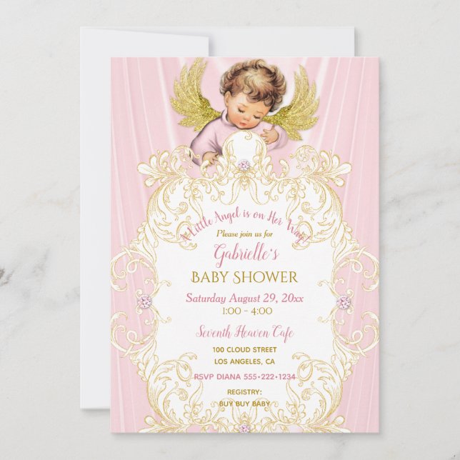 Baby Angel Pink Gold Girl Einladung (Vorderseite)