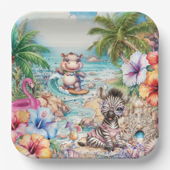 Baby Animal Beach Party Plate Pappteller (Vorderseite)