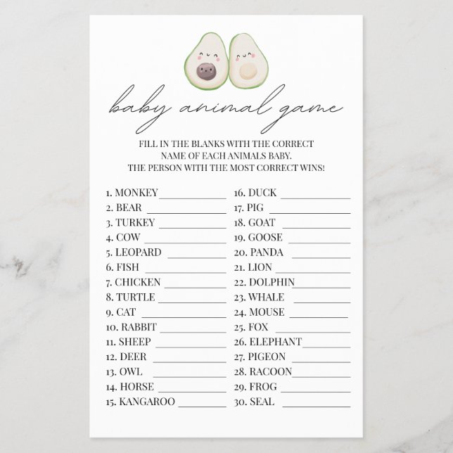 Baby Animal Game Avocado Holy Guacamole Dusche Flyer (Vorne)
