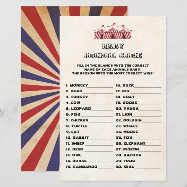 Baby Animal Game Circus Karneval Retro Baby Dusche (Vorne/Hinten)