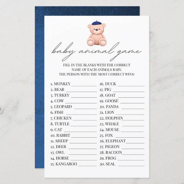 Baby Animal Game French Bonjour Bebe Watercolor (Vorne/Hinten)