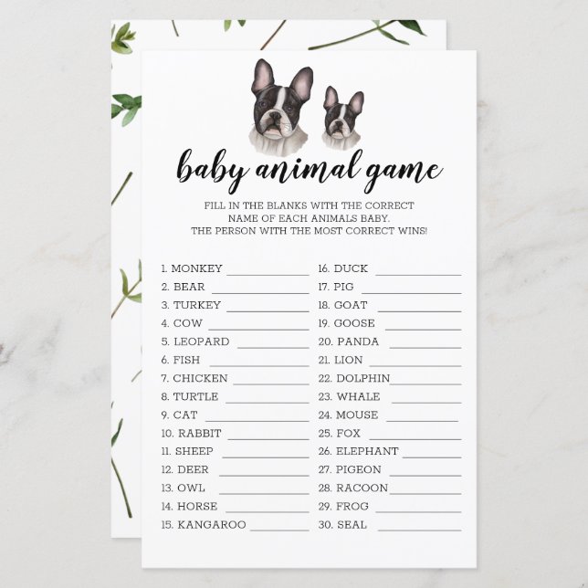 Baby Animal Game French Bulldog Babydusche BW (Vorne/Hinten)