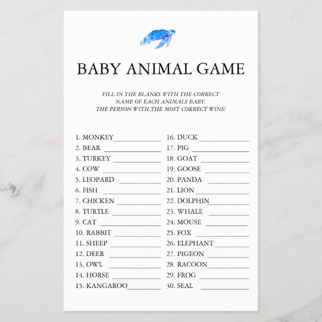 Baby Animal Game unter der Sea Baby Dusche Flyer (Vorne)