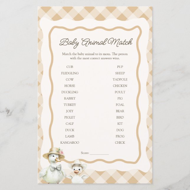 Baby Animal Match Gänse & Gingham Baby Shower Game (Vorderseite)