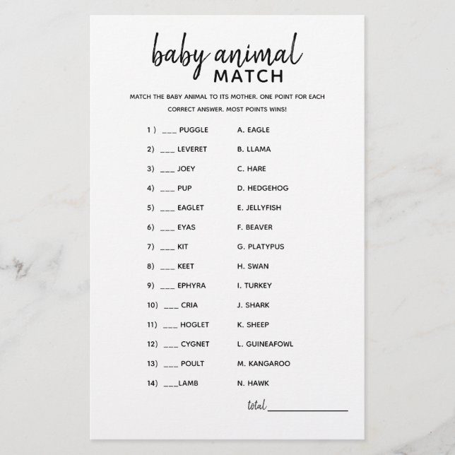 Baby Animal Match Minimalistisch Baby Shower Game (Vorderseite)