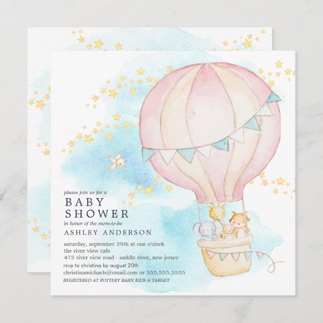 Baby Animals Hot Air Balloon Ride Baby Girl Dusche Einladung (Vorne/Hinten)