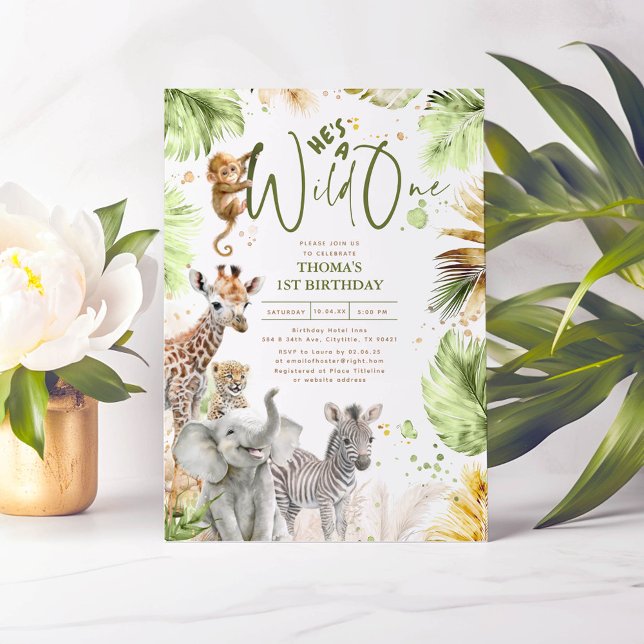 Baby Animals Jungle Safari Wild 1. Geburtstag Einladung (Safari Animals Wild One 1st Birthday Invitations)