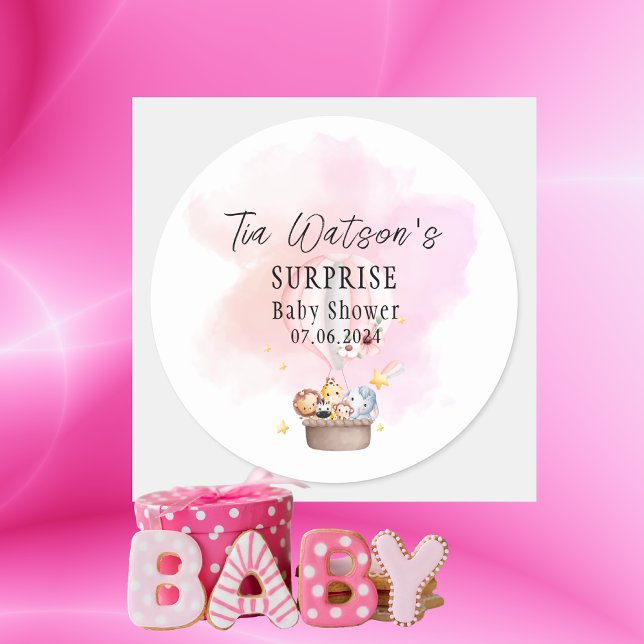 Baby Animals Safari in Pink Hot Air Ballon Runder Aufkleber (Von Creator hochgeladen)