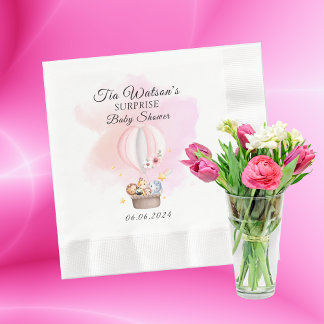Baby Animals Safari in Pink Hot Air Ballon Serviette