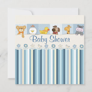 Baby Animals & Stripes Blue Baby Dusche Einladung