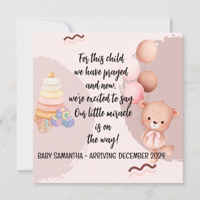 Baby Announcement Card Girl Bear (Vorderseite)