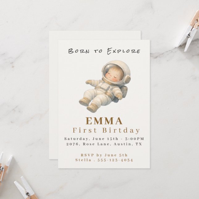 Baby Astronaut First Birthday Flat Invitation Card Einladung (Vorderseite/Rückseite Beispiel)