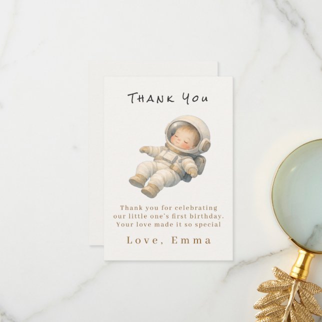 Baby Astronaut First Birthday Thank You Card Dankeskarte (Vorderseite/Rückseite Beispiel)