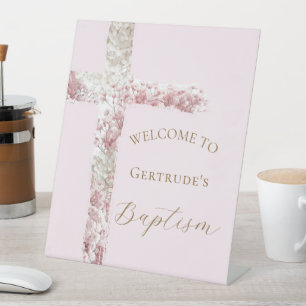 Baby-Atem weiß rosa Kreuz Taufe Willkommen Sockelschild