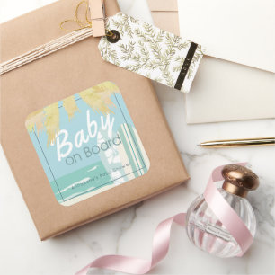 Baby auf Bord Strand Surf Junge Baby-Party Quadratischer Aufkleber