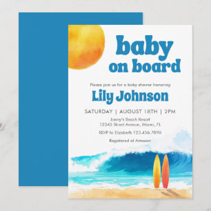 Baby auf Bord Surf Strand Wasserfarbe Babyparty Einladung