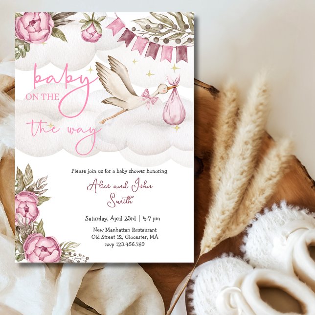 Baby auf dem Weg Storch und Ballon Babydusche Einladung (Von Creator hochgeladen)