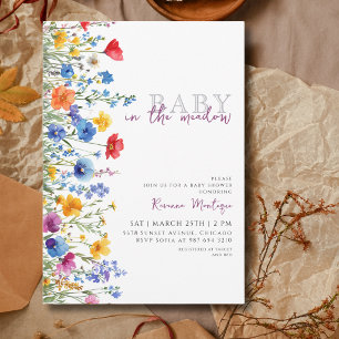Baby auf der Wiese Wildblumen Florale Babyparty Einladung
