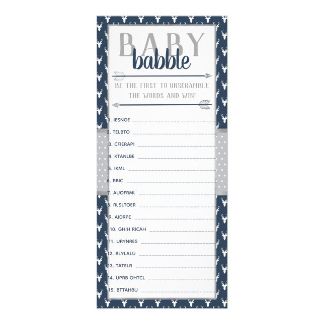 Baby Babble Word Scramble, Babydusche, Marine, Gra Werbekarte (Vorne)