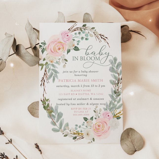 Baby-Baby in Bloom Pink Floral Girl Babydusche Einladung (Sage Baby in Bloom Pink Floral Girl Baby Shower Invitation)