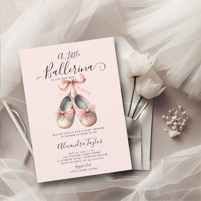 Baby Ballerina Schuhe Pink Bow Gold Girl Dusche Einladung (little ballerina baby girl shower invitation pink blush gold ballet shoes watercolor cute sweet)